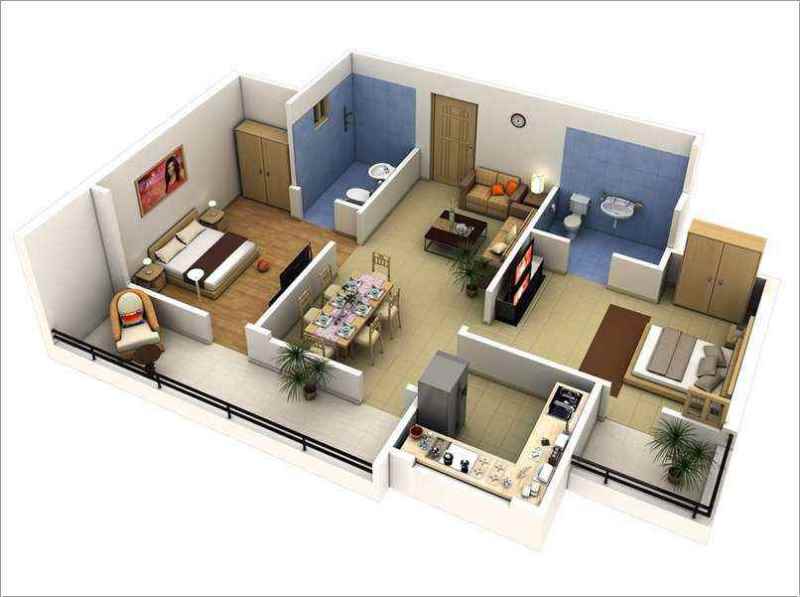 Desain rumah minimalis 2 kamar dengan Kamar Mandi di Dalam