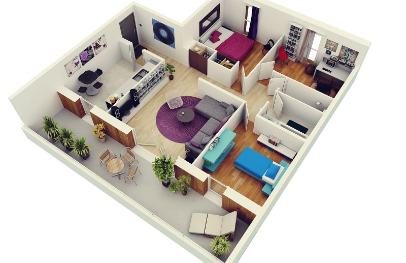 Desain rumah minimalis 2 kamar dengan ruang tamu atau keluarga yang cukup luas